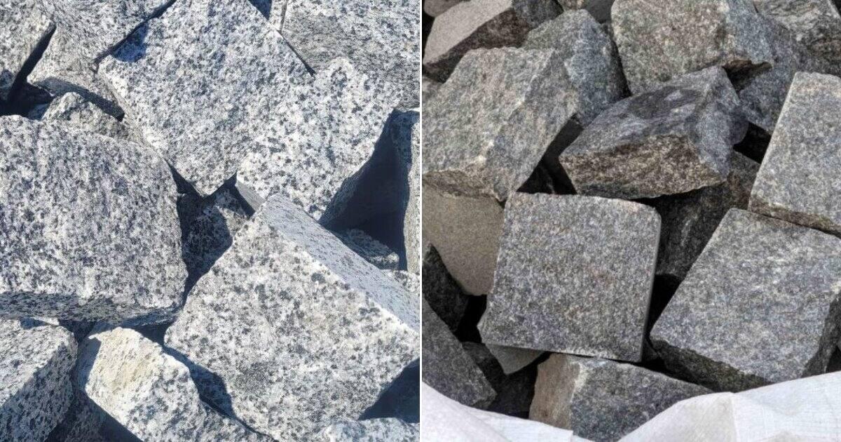 Граніт Покостівка і темне Габро зблизька - колота бруківка двох родовищ для порівняння